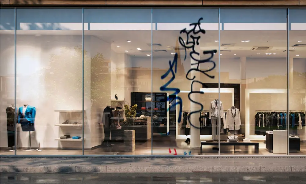 Transparente Anti-Graffiti-Schutzfolie auf einer öffentlich zugänglichen Glasfläche