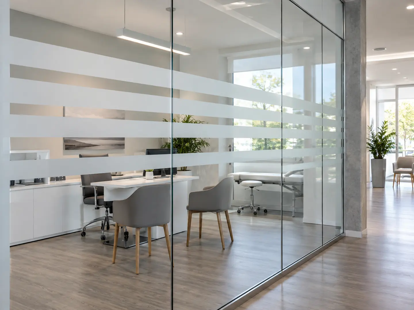 Glaswand im Büro mit horizontalen matten Durchlaufschutzstreifen