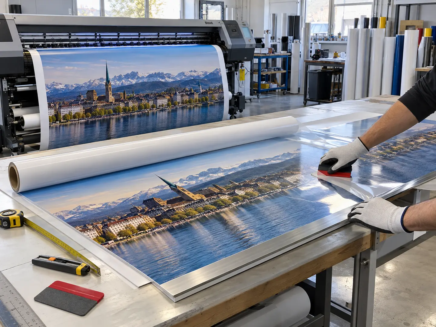 Großformatiger Foliendruck und Verarbeitung am Arbeitstisch