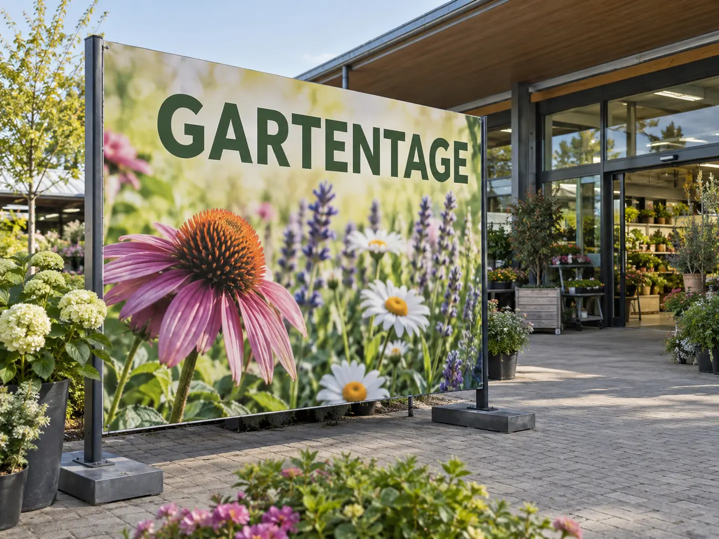 Große Aktionsbeschilderung vor einem Gartengeschäft
