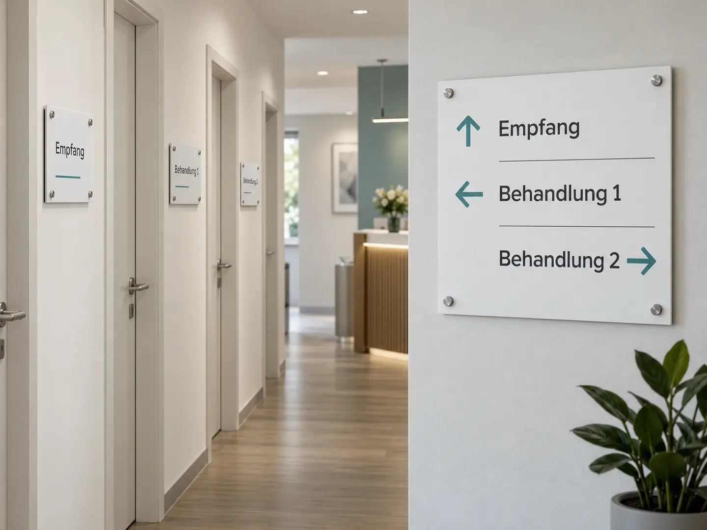 Zusammengehörige Türschilder und Richtungshinweise in einem Flur