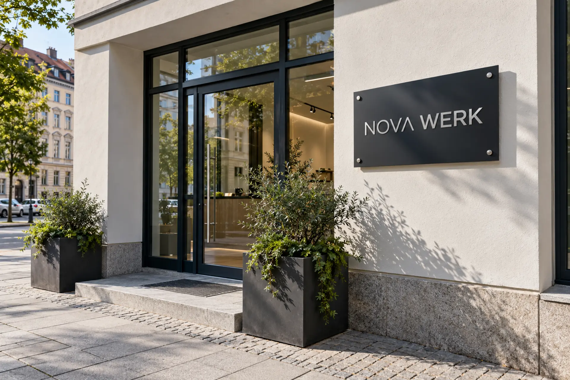 Firmenschild neben einem verglasten Geschäftseingang