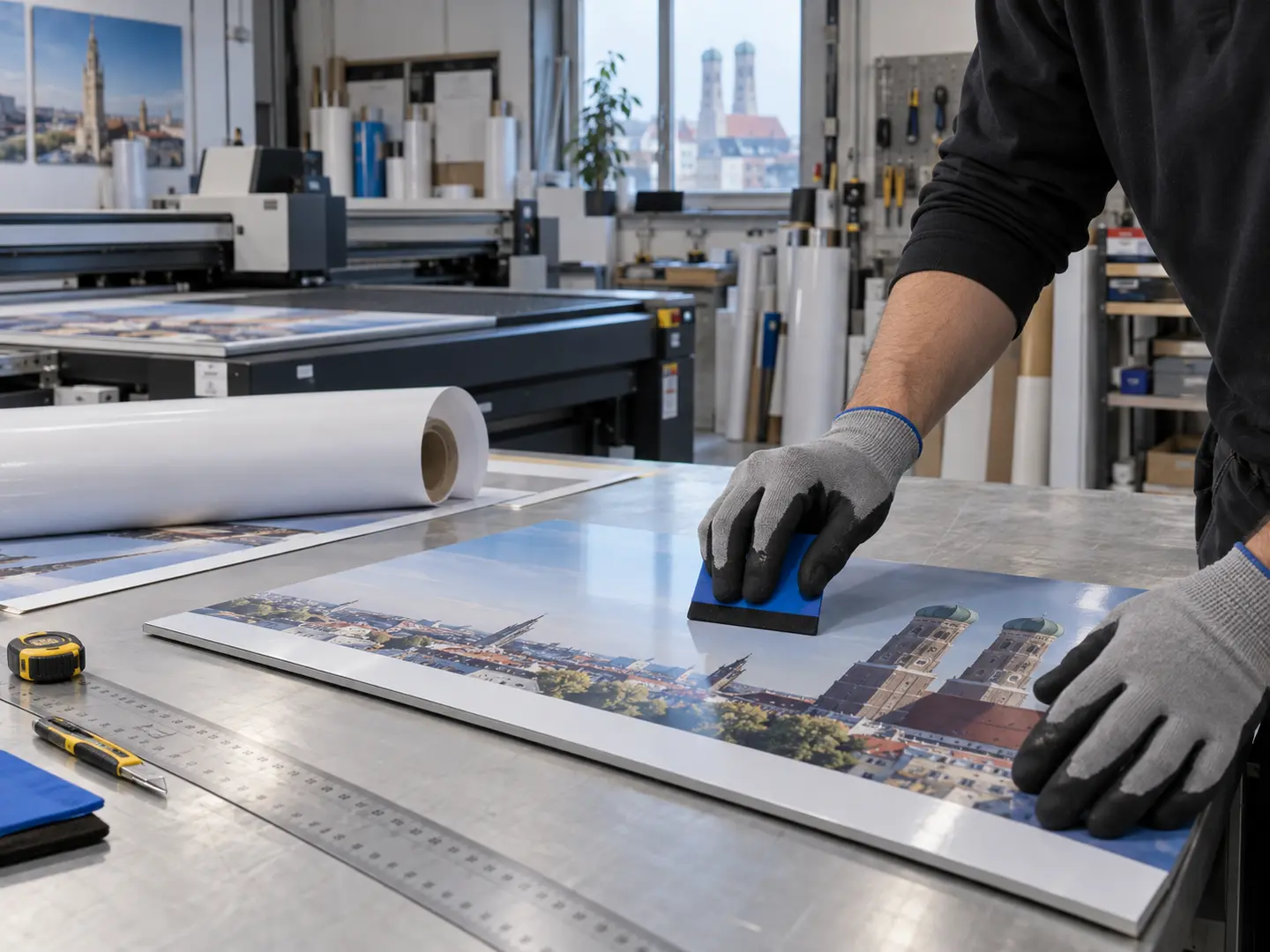 Bedruckte Folie wird mit einem Rakel auf einer Platte verarbeitet