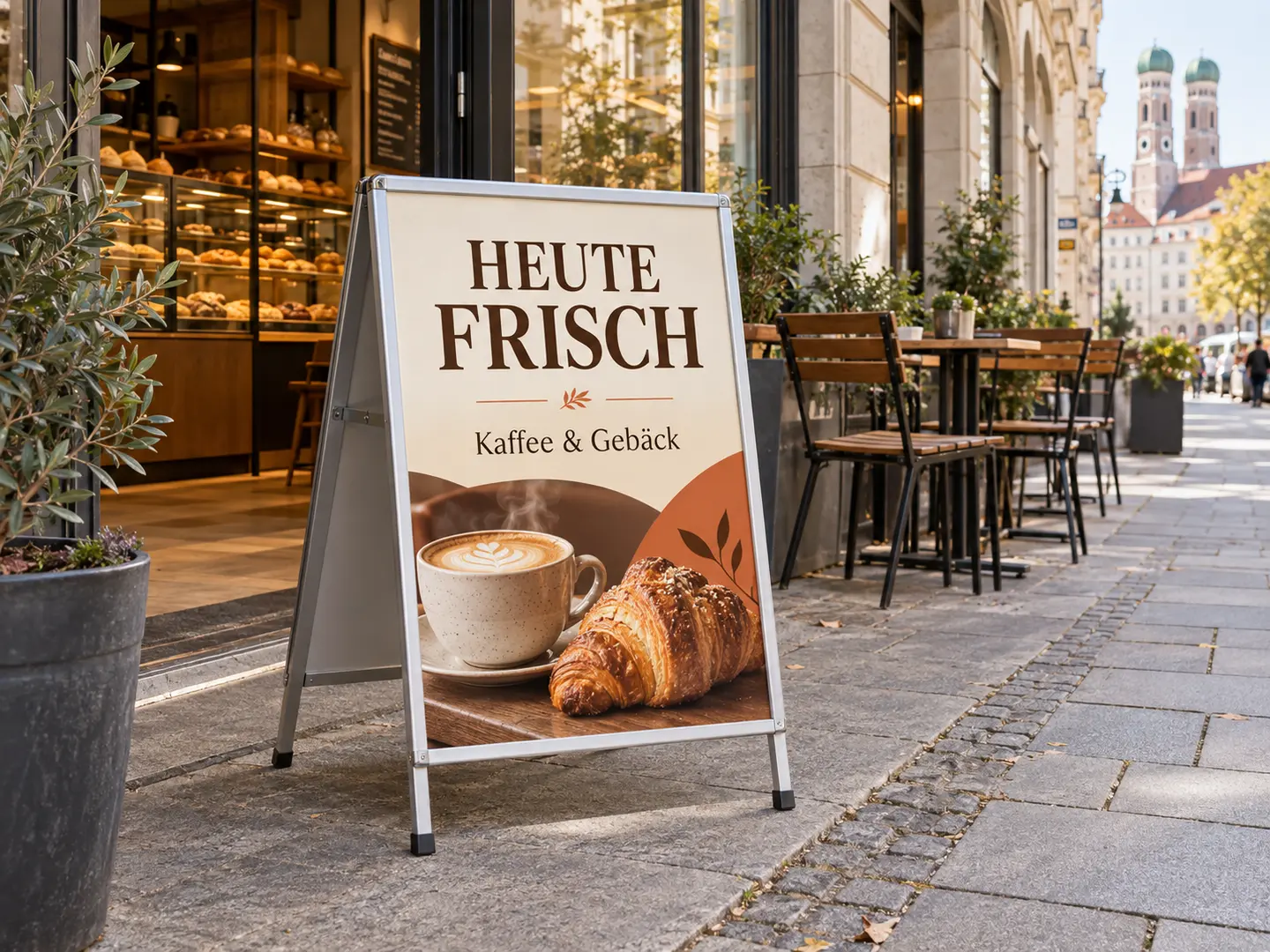 Werbeschild vor einem Café